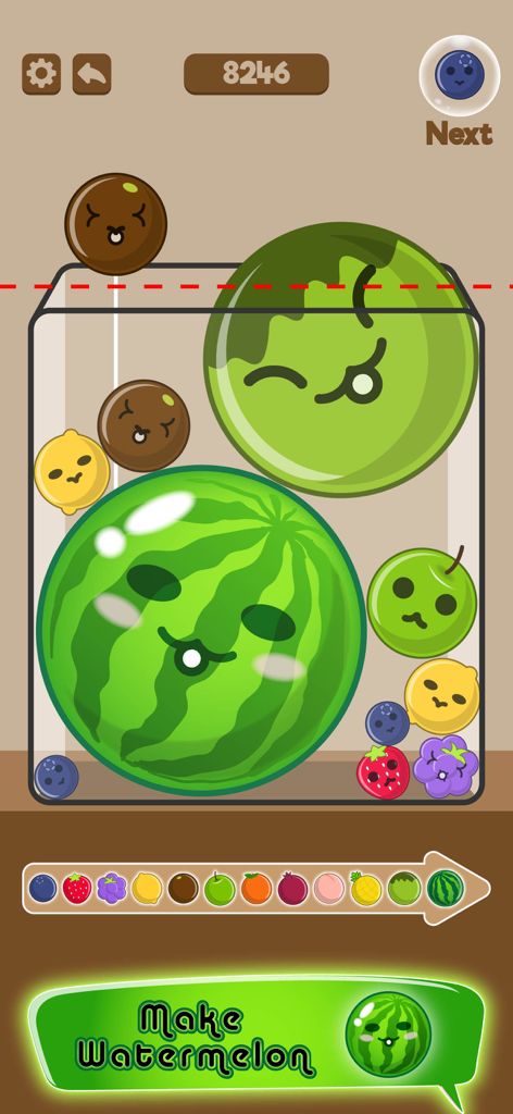 Merge Watermelon & Fruit Game - Gameplay of Merge Watermelon and Fruit Game showing cute fruits in a stackable puzzle container