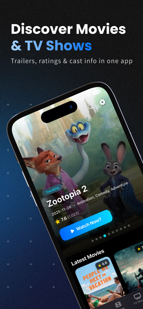 MovieBox app home screen featuring trending movies like Zootopia 2 and latest releases with ratings.