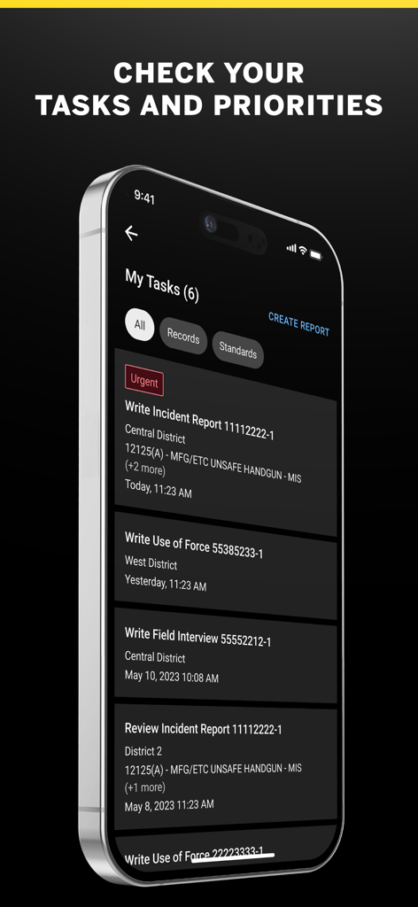Axon mobile app showing a list of law enforcement tasks and incident report priorities