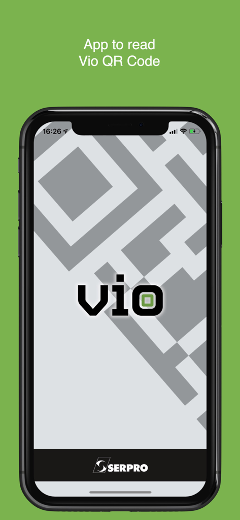 Vio: QR Seguro - Vio QR Seguro mobile app intro screen with SERPRO logo