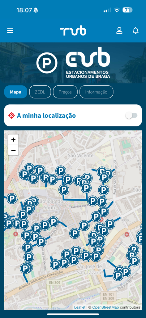 TUB App - Vue carte dans l'application TUB montrant les emplacements et les zones de stationnement urbain à Braga Portugal