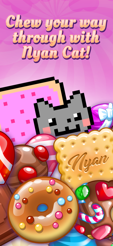 Nyan Cat surrounded by colorful sweets and donuts with the text chew your way through with Nyan Cat