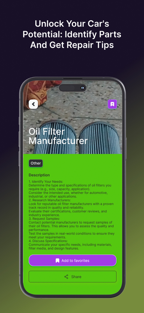Cars Scan mobile app interface showing oil filter manufacturer details and car part repair tips.