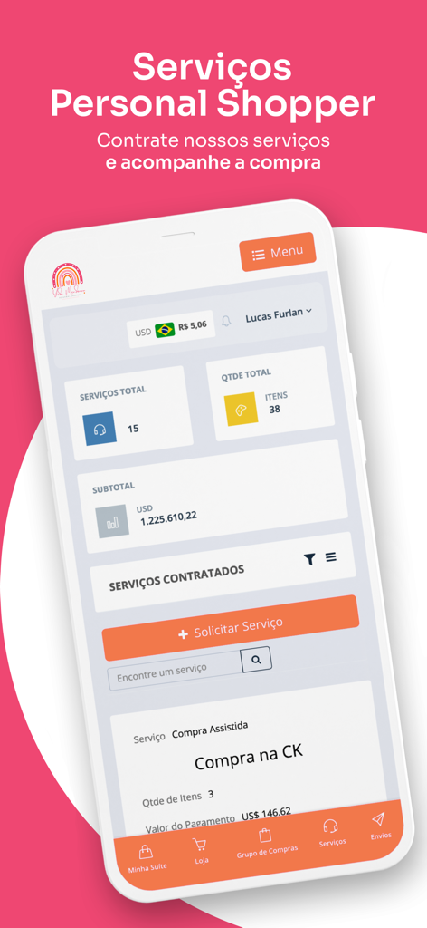 Painel do aplicativo Yeda Personal Shopper exibindo serviços totais, contagem de itens e rastreamento de compras assistidas em português