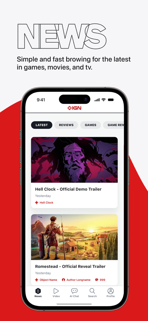 Interfaz de la aplicación IGN que muestra las últimas noticias y tráilers de videojuegos