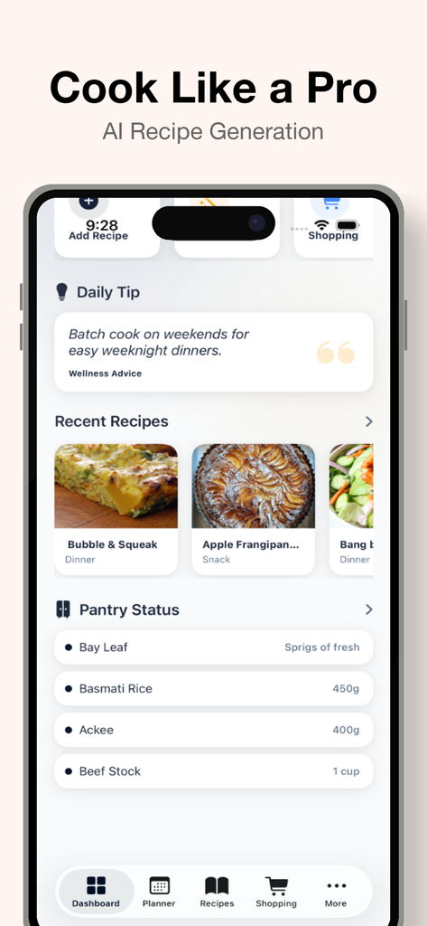 Painel do aplicativo Planejador de Compras e Refeições mostrando receitas recentes e status da despensa