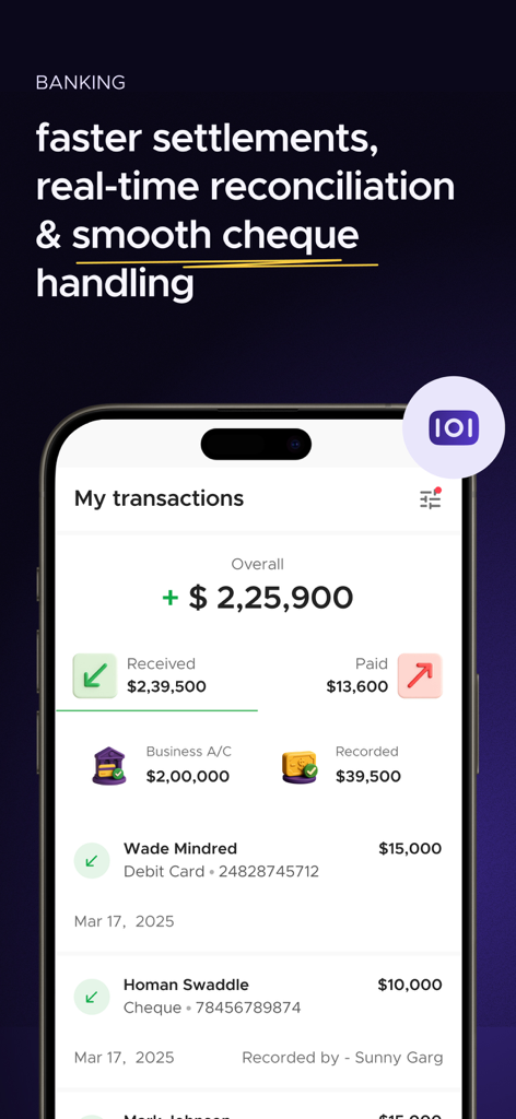 Crib: Property Management App - Panel que muestra transacciones bancarias de gestión de propiedades y conciliación financiera en una aplicación móvil