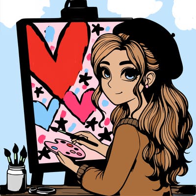 realistic girl artist painting a blank canvas