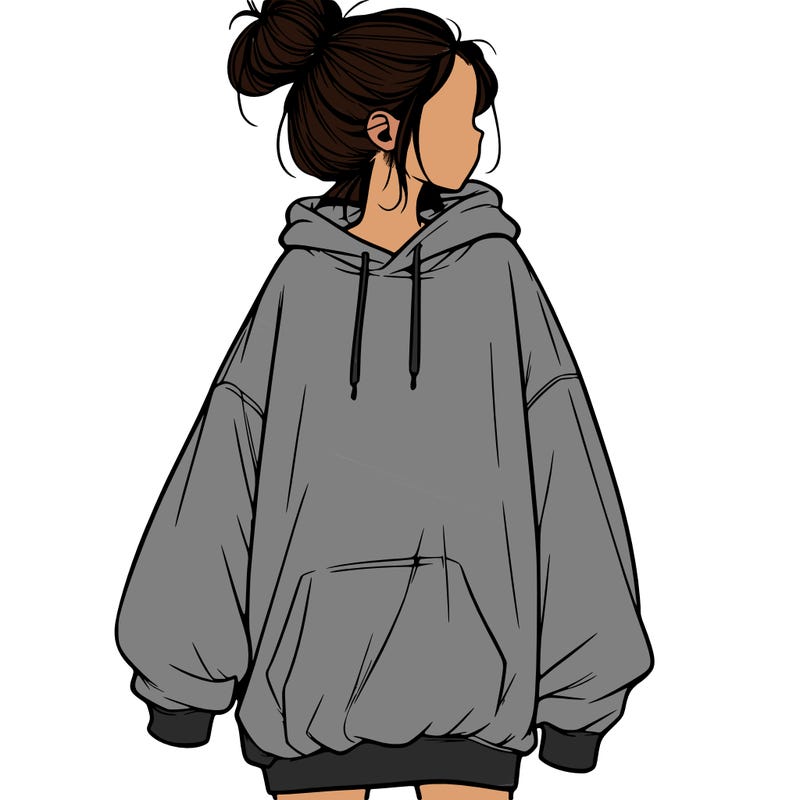 realistic girl with a oversized sweatshirt on and a bun