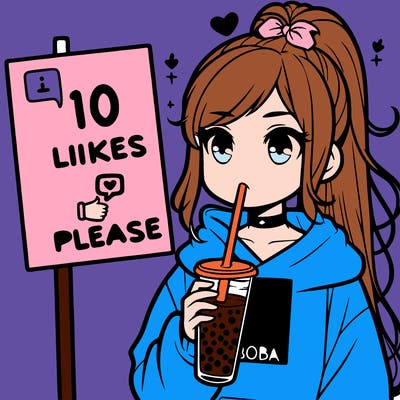 girl with a high ponytail and a hoodie drinking boba staring at a sign saying 10 likes please