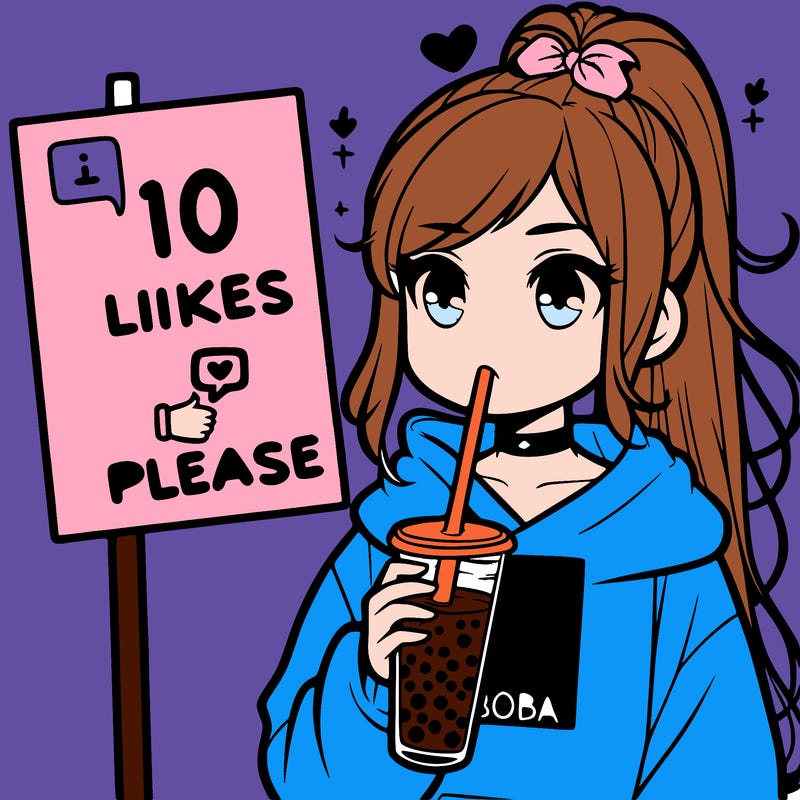 girl with a high ponytail and a hoodie drinking boba staring at a sign saying 10 likes please