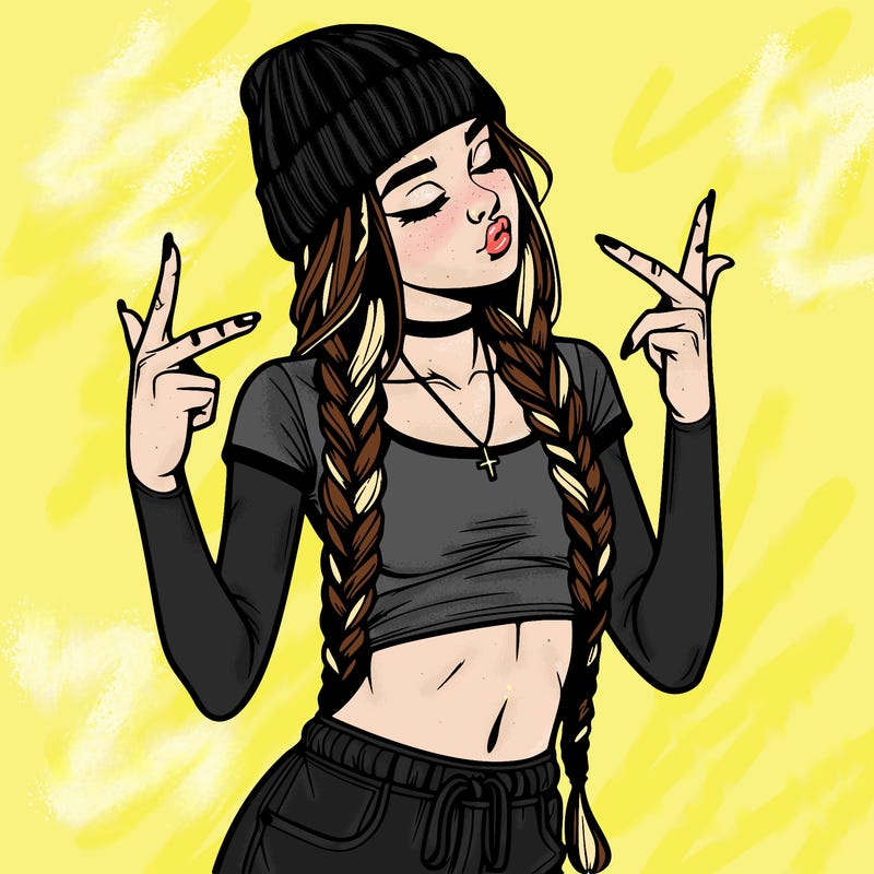 realistic teenage girl with braids and a beanie and crop top doing 🫶🏼