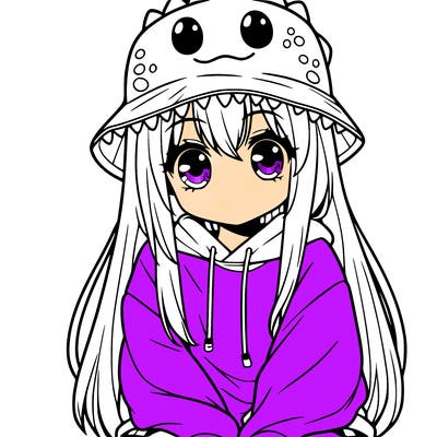 girl with anime shaped eyes with a dinosaur bucket hat oversized sweatshirt long straight hair