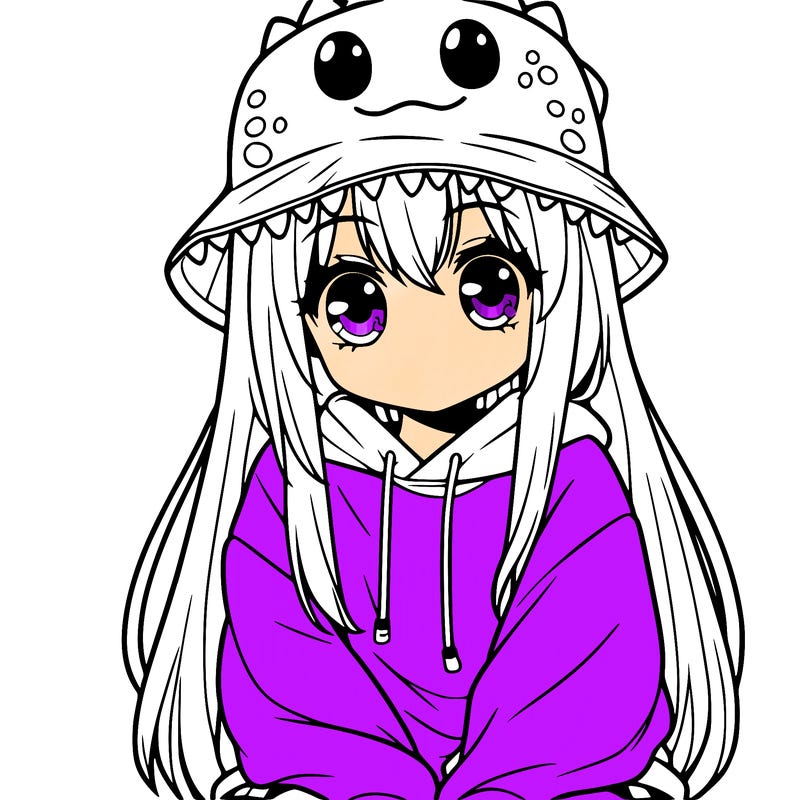 girl with anime shaped eyes with a dinosaur bucket hat oversized sweatshirt long straight hair