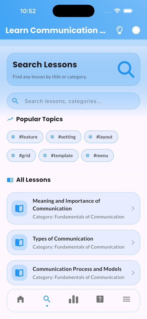 Dashboard principal do aplicativo Learn Communication Skills exibindo a barra de pesquisa de lições e uma lista de tópicos fundamentais de comunicação.