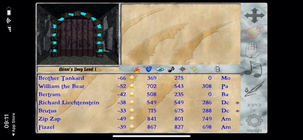 Silversword - A first-person view of a dungeon portal and party character status screen in the Silversword role playing game.