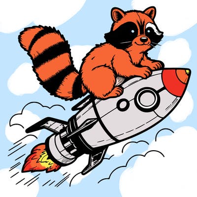 realistic raccoon flying on top rocket ship