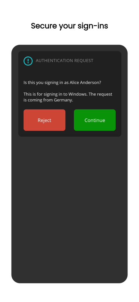 Specops: ID - Interface do aplicativo móvel Specops ID mostrando uma solicitação de autenticação de login seguro com opções para rejeitar ou continuar