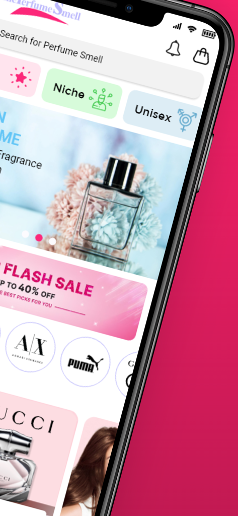 The Perfume Smell - Interfaz de la app móvil The Perfume Smell mostrando un banner de rebajas flash y categorías de perfumes de lujo como nicho y unisex.