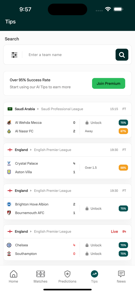 Spotip - Predictions & Scores - Spotip app interface showing AI-powered football prediction tips and live scores for international leagues.