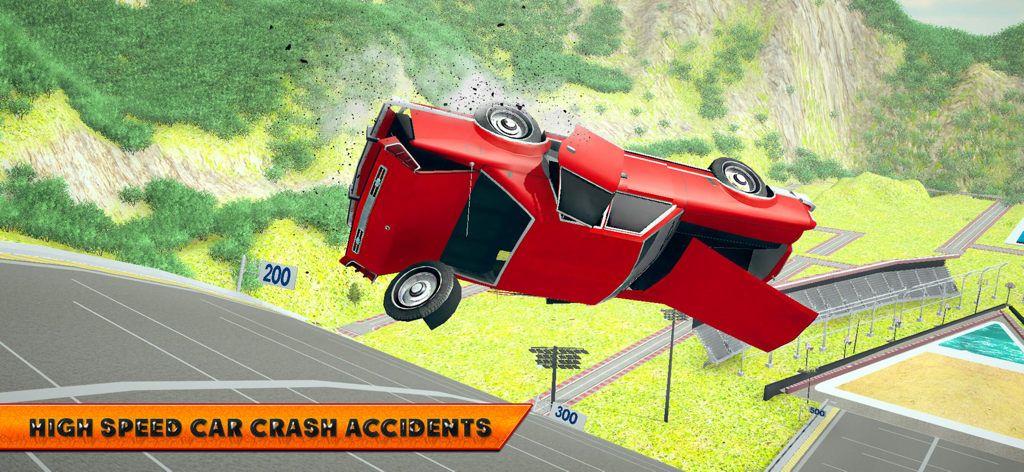 A red car flipping mid air in a high speed crash simulation