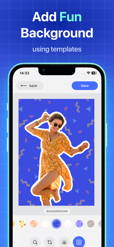 Background Remover - PNG Maker - App interface demonstrating how to add a fun patterned background to a photo cutout