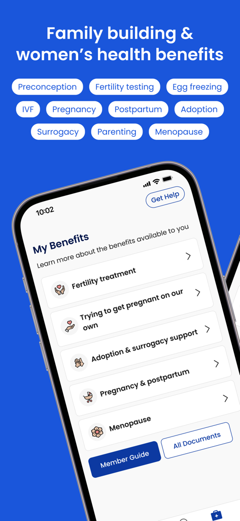 Progyny - Progyny mobile app showing family building and womens health benefits options