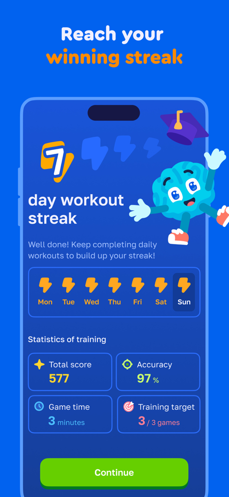 Brainy Train: Clever Brain Pal - Brainy Train app screen showing a 7 day workout streak and daily training statistics.