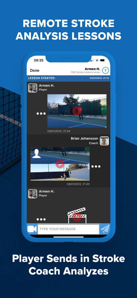 Full Court Tennis - Full Court Tennis app interface for remote stroke analysis lessons between a player and a coach