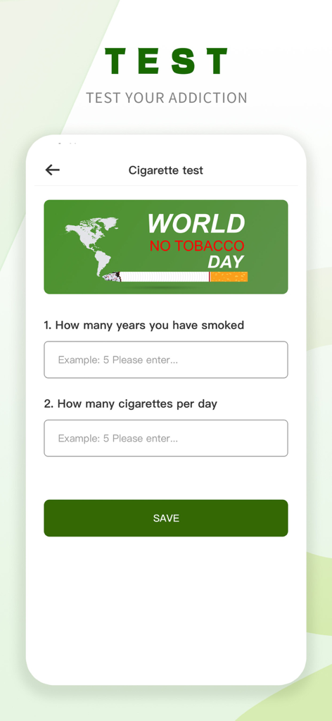 Quit Smoking Goals - Écran de test de dépendance à la cigarette dans l'application Quit Smoking Goals demandant le nombre d'années fumées et le nombre de cigarettes par jour.
