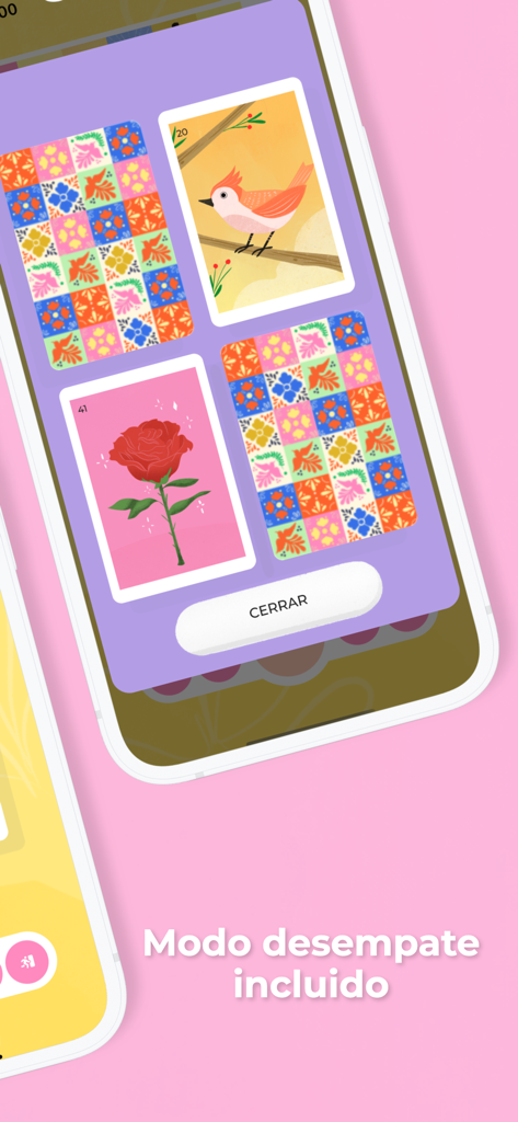 Buenas - Baraja de Loteria - Interfaz del modo de desempate en la app Buenas Loteria con cartas de pajarito y rosa