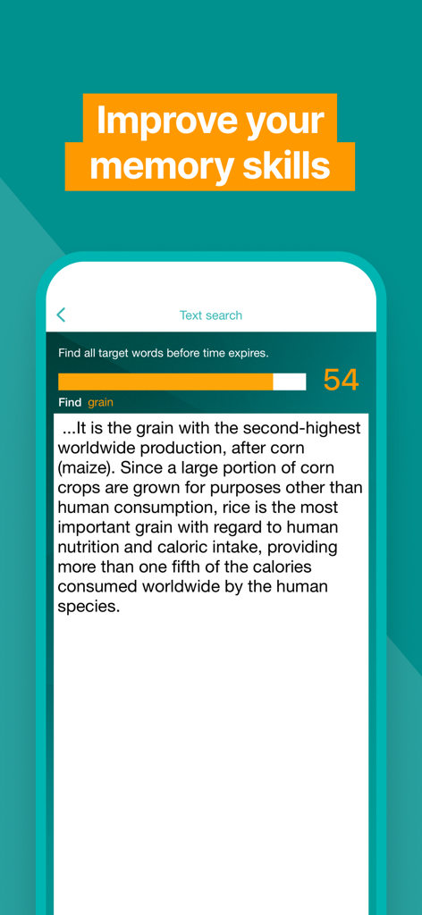 Reading Trainer - Un exercice de recherche de texte dans l'application Reading Trainer conçu pour améliorer la mémoire et les compétences de balayage en trouvant des mots cibles spécifiques dans un bloc de texte.