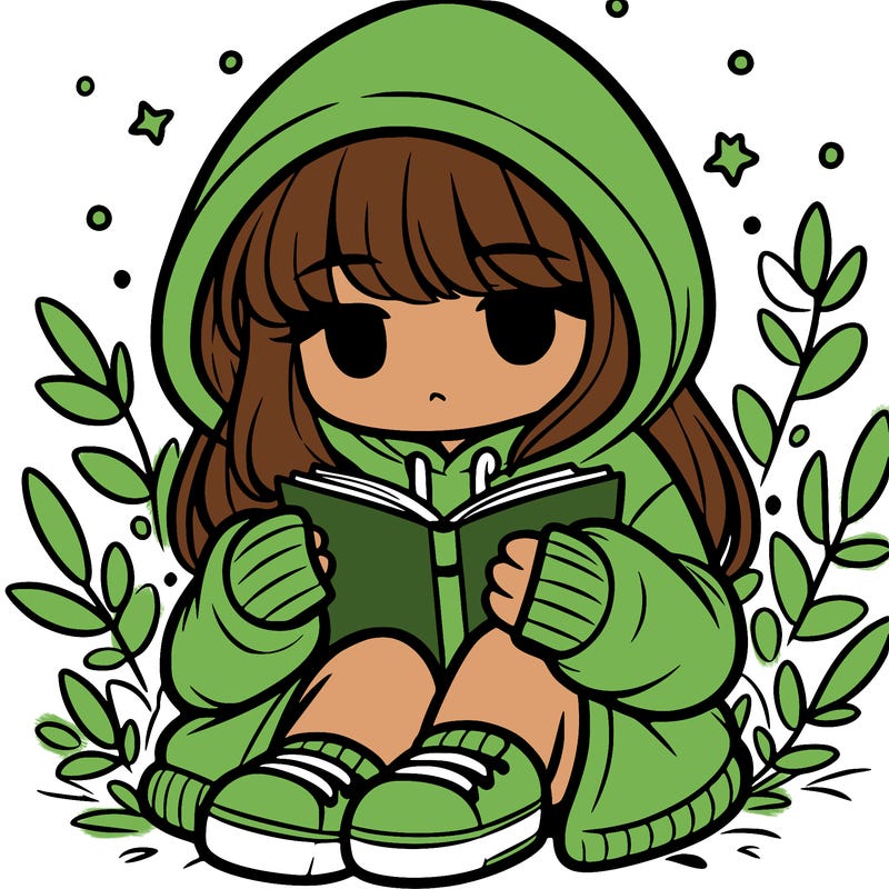 girl in oversized hoodie reading a book