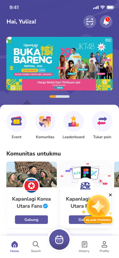 Youniverse - Community - Home screen of the Youniverse app showing Indonesian community groups and festival banners
