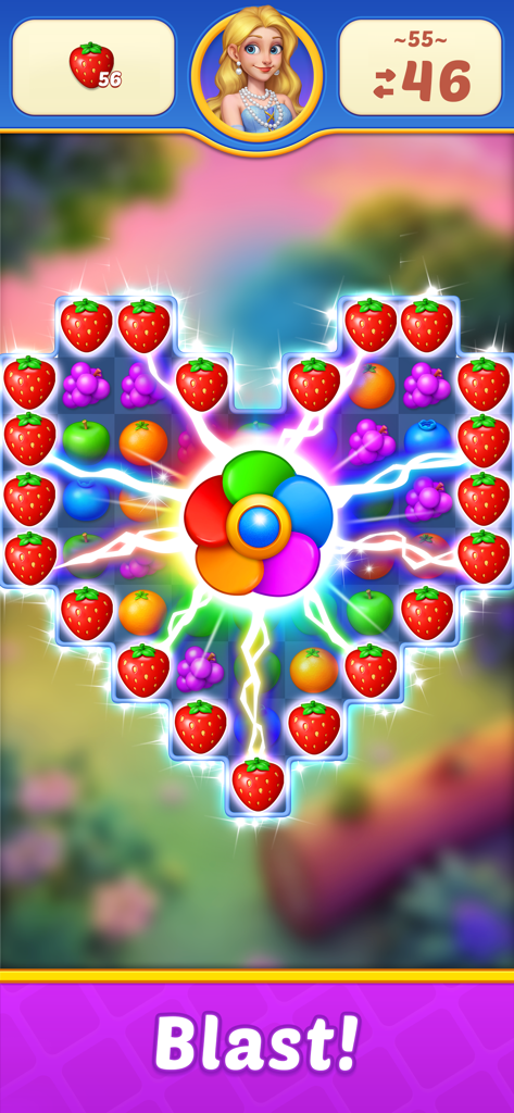 Fruit Diary 2: Match 3 Offline - A heart shaped match 3 puzzle board with a colorful flower booster and strawberry elements in Fruit Diary 2.