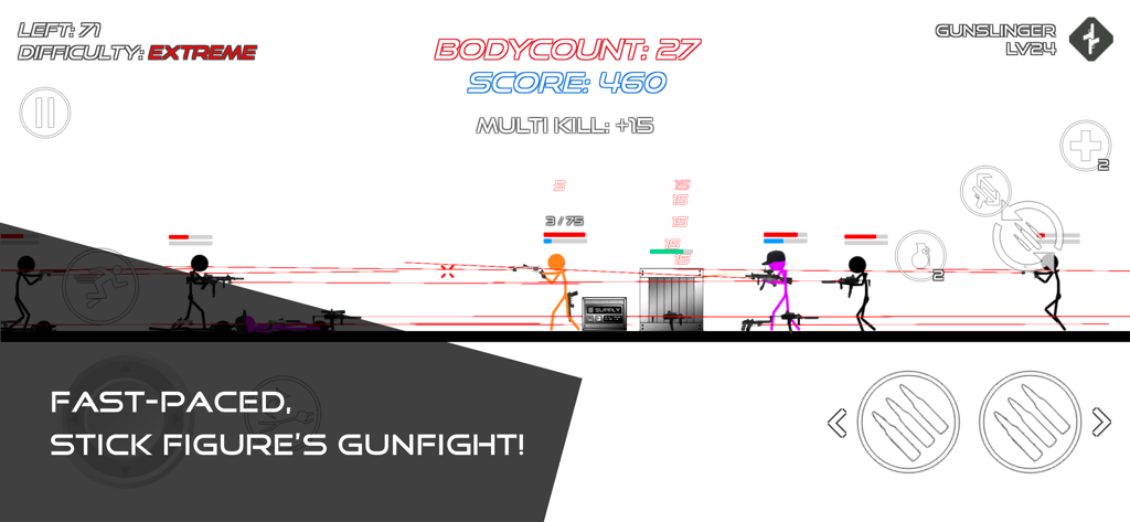 Gameplay screenshot of a fast paced stick figure gunfight with health bars and weapons