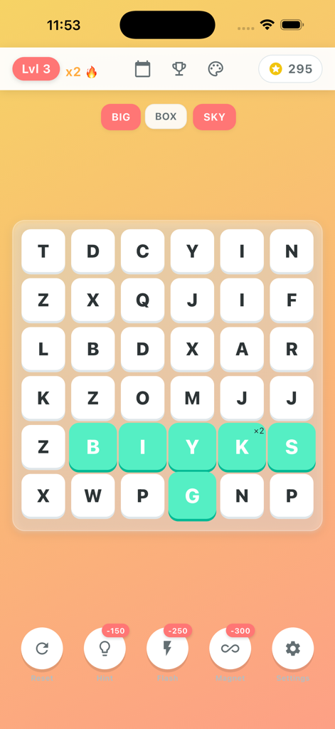 Word Search Link gameplay screen showing a letter grid with word targets and power-up icons