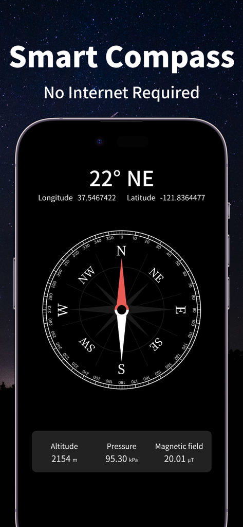 Compass-Altitude&GPS Location - Interface of the Smart Compass app displaying directional heading, GPS coordinates, altitude, and barometric pressure against a starry background.