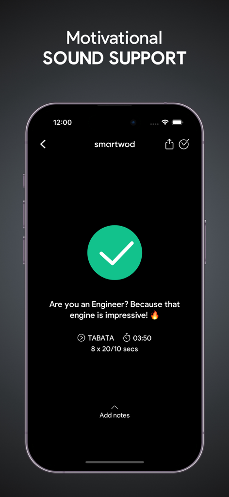 SmartWOD Timer app screenshot showing motivational text and completed Tabata workout results on an iPhone screen.