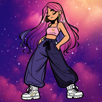 girl in baggy pants crop top and long hair
