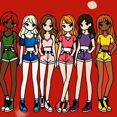 a group of girls wearing crop tops and shorts