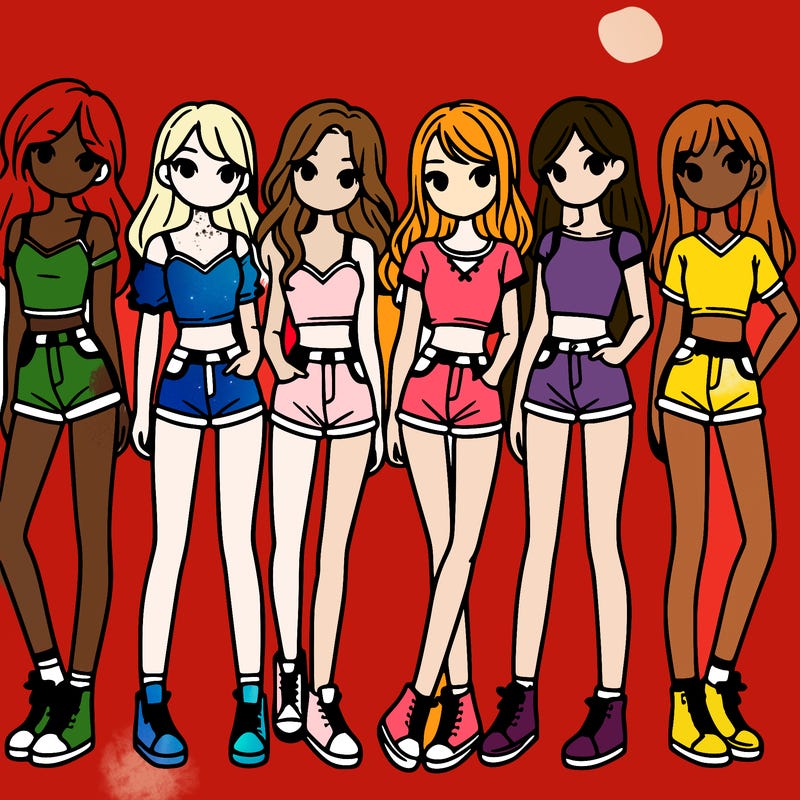 a group of girls wearing crop tops and shorts