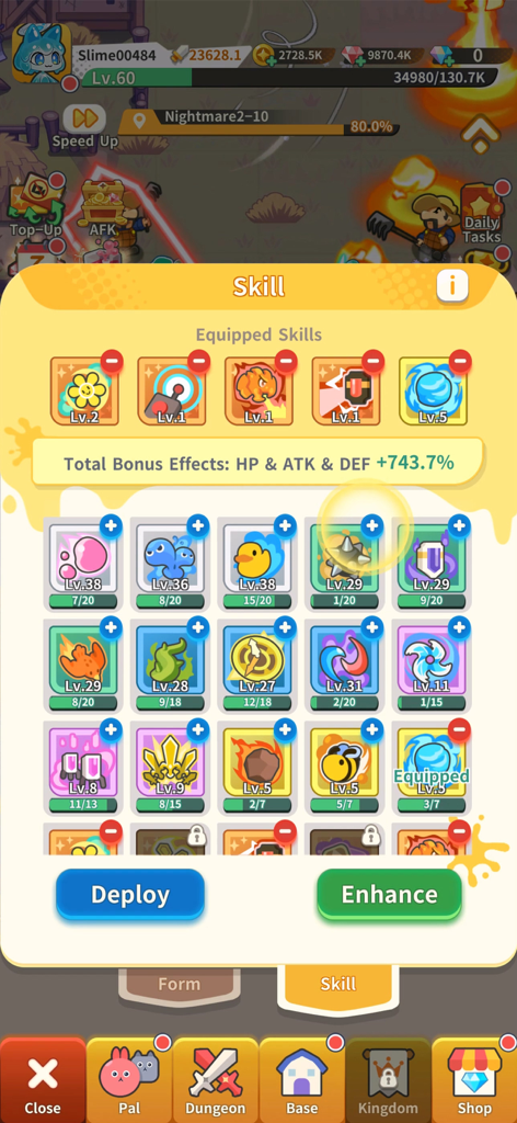 Pew Pew Slime - Idle RPG - La interfaz de gestión de habilidades en Pew Pew Slime muestra una cuadrícula de varias habilidades elementales y de combate con detalles de bonificación de estadísticas.