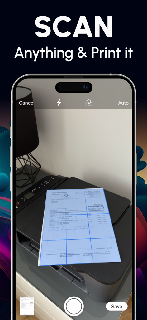 Printer App Smart Printer - Mobile phone interface scanning a paper document on top of a printer using the smart printer app