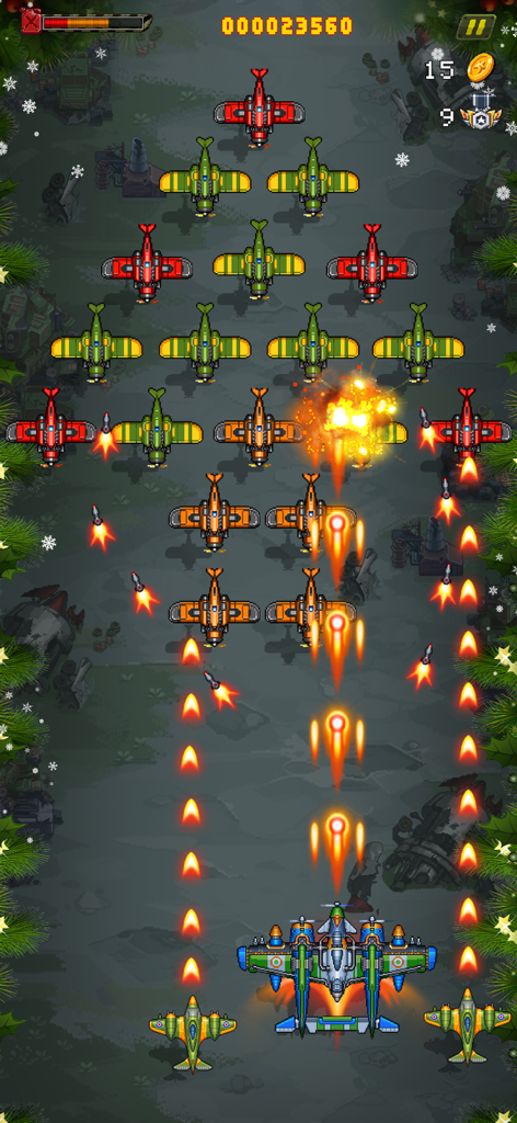 A vertical arcade shooter gameplay scene from 1945 Air Force featuring warplanes in a bullet hell dogfight