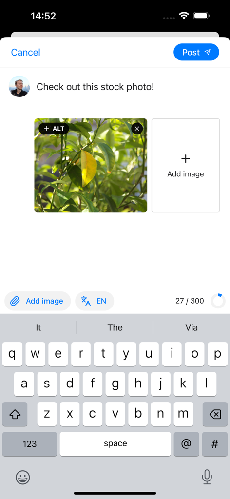 Graysky, a Bluesky client - Interface of the Graysky app showing a new post being composed with an attached image and character counter