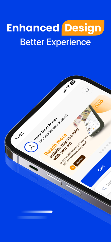 ContactCars: Buy & Sell Cars - 車の販売オプションとパーソナライズされたユーザーの挨拶が表示されたContactCarsアプリのインターフェイスを示すスマートフォンの画面。