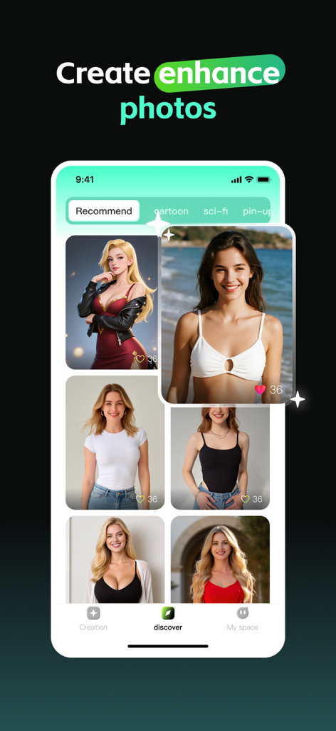 Xio mobile app interface showing a feed of AI generated photo templates and the enhance feature