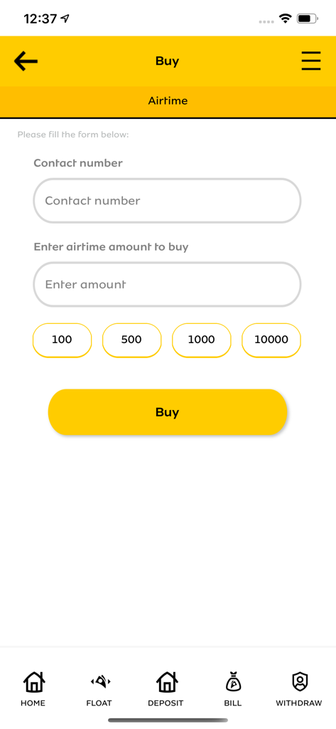 Interface of the MoMo Agent app showing the buy airtime screen with fields for contact number and amount.