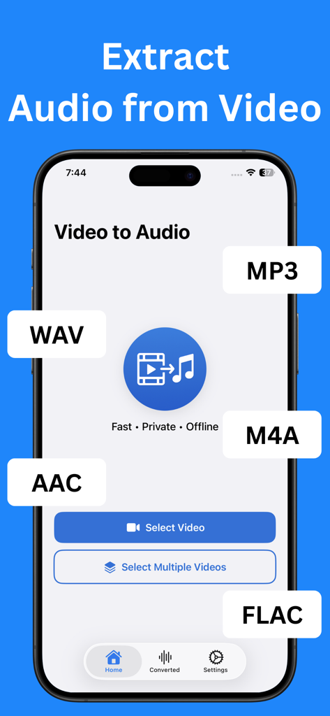 A mobile app screen titled Extract Audio from Video showing options for MP3 WAV M4A AAC and FLAC conversion